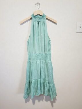 TART Halter Neck Mint Green Sleeveless Keyhole Flowy Tiered Smock Mini Sundress